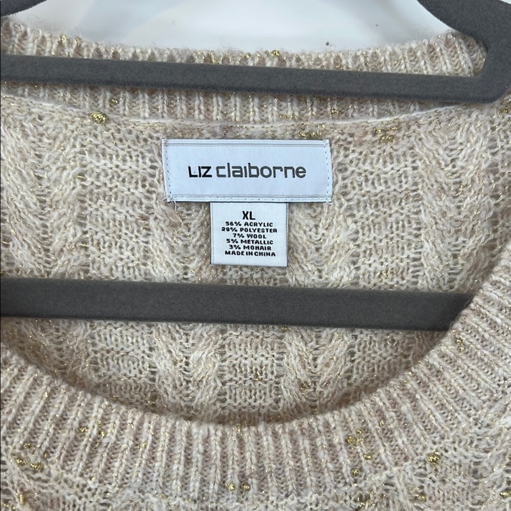 Liz Claiborne Cream Crew Neck Sweater with Ribbed Texture. Beautiful Gold Specs - Picture 2 of 6